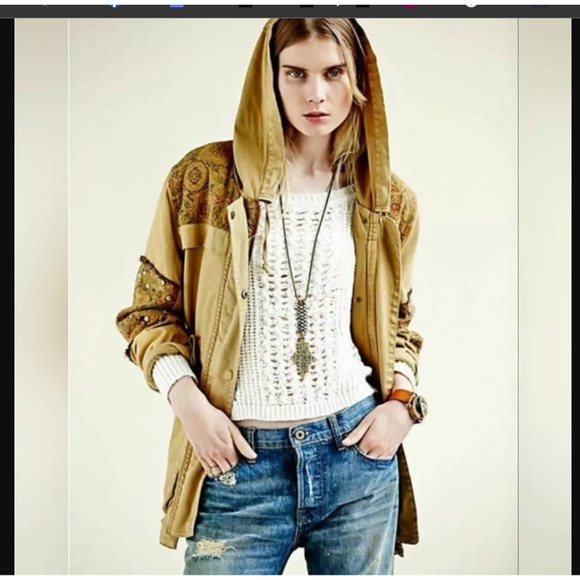 Free People Crafted Cloth Tapestry Parka Anorak Jacket Studded Utility Western - Picture 3 of 11